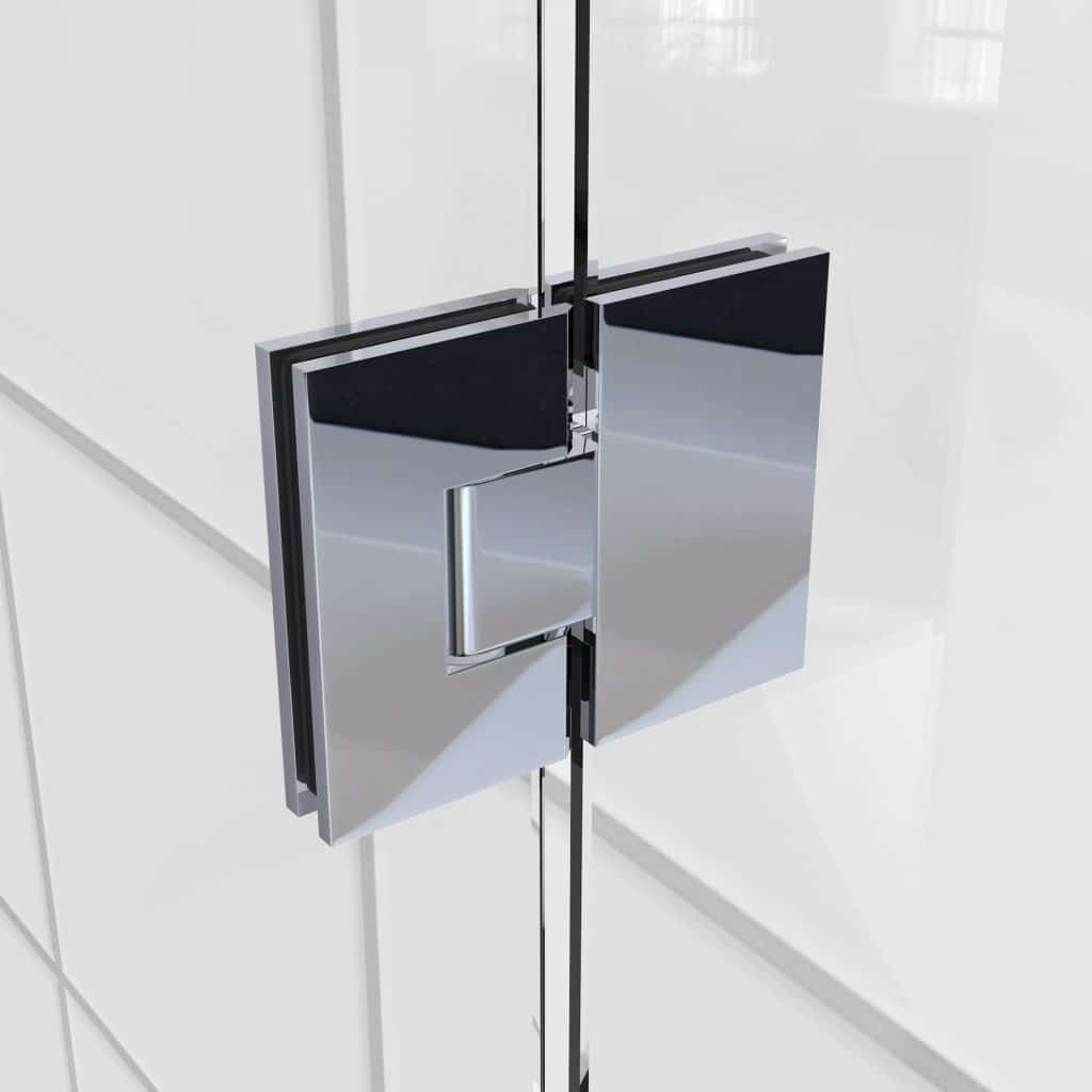 Closeup van chrome glas/glas scharnier