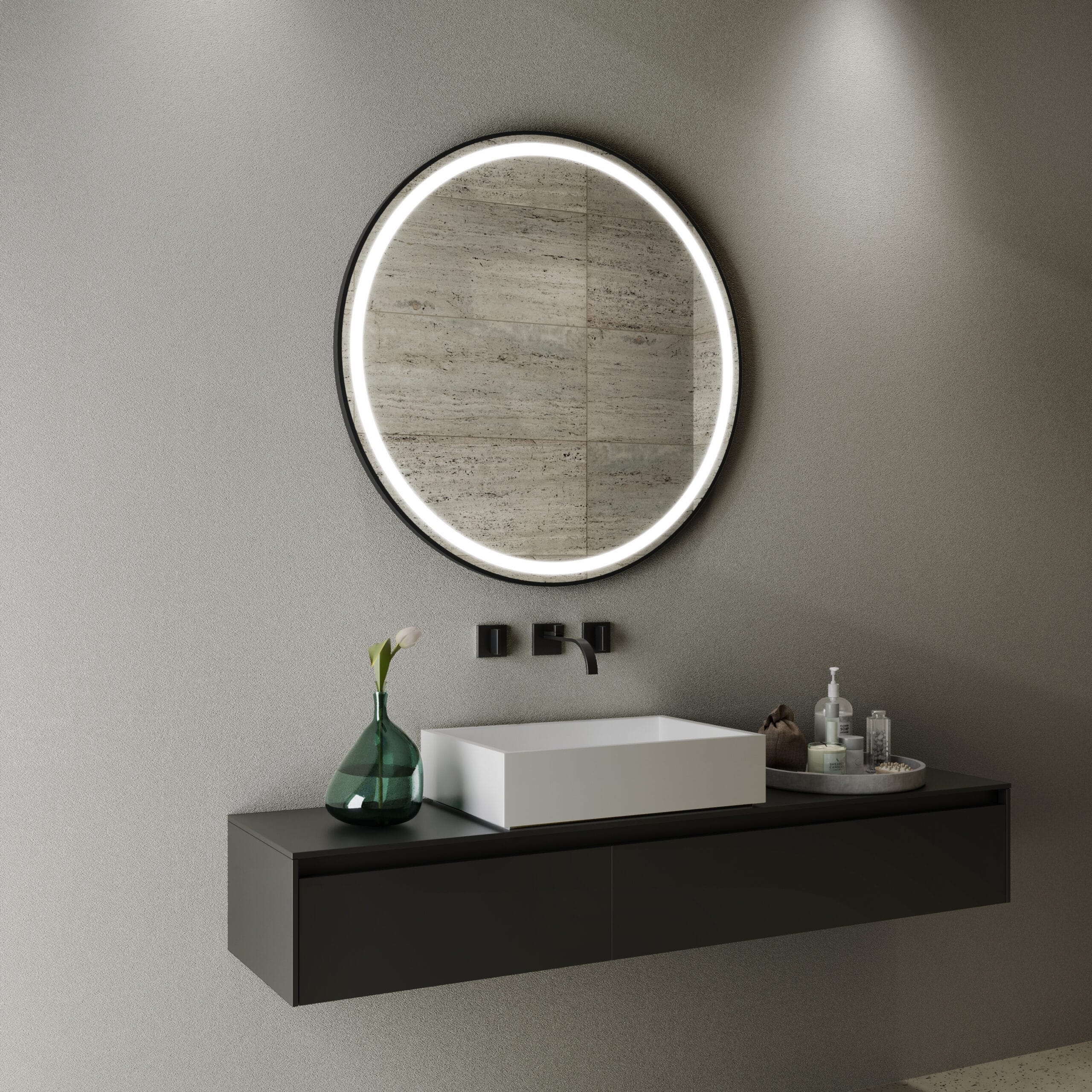 Ronde verlichte spiegel met zwarte rand Sara 2 Glasbestellen.nl