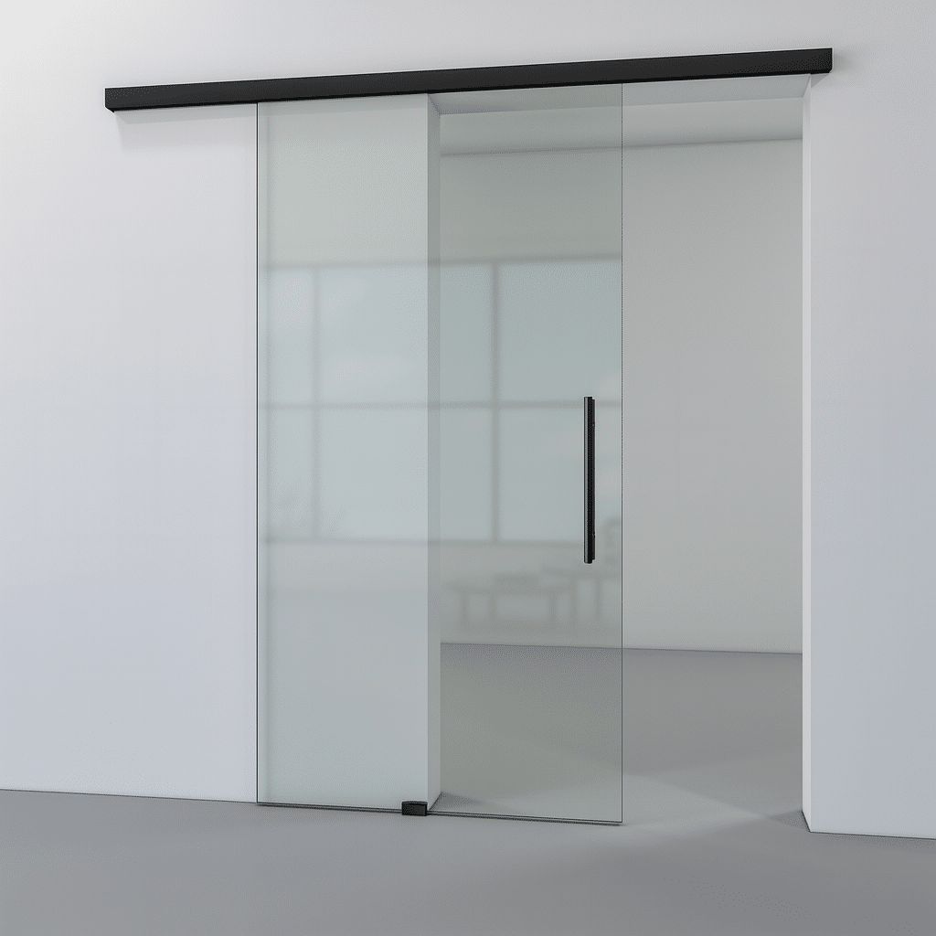 glazen schuifdeur met helder glas en zwarte schuifrail aan de wand