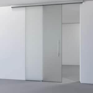 glazen schuifdeur met satijnglas en rvs schuifrail aan het plafond