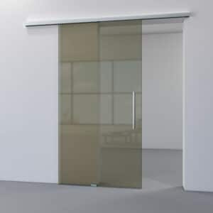 glazen schuifdeur met brons getint glas en rvs schuifrail aan wand