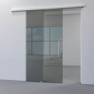glazen schuifdeur met grijs getint glas en rvs schuifrail aan wand