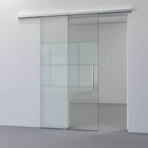 glazen schuifdeur met helder glas en rvs schuifrail aan wand