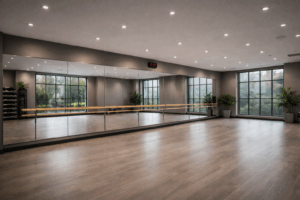 Fitness spiegel wand in dansstudio met houten vloer en barre