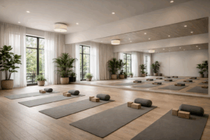Fitness spiegel wand in lichte yogastudio met houten vloer en yogamatten